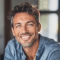 Homme souriant avec chemise en jean, intérieur lumineux.