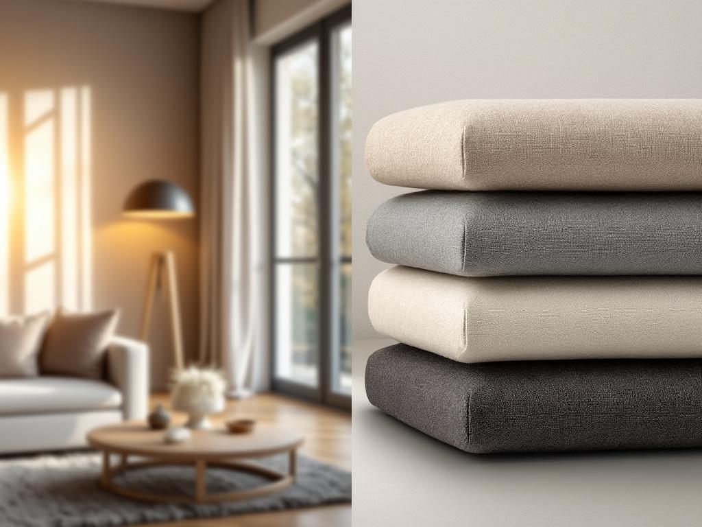 Salon moderne avec coussins empilés beiges et gris.