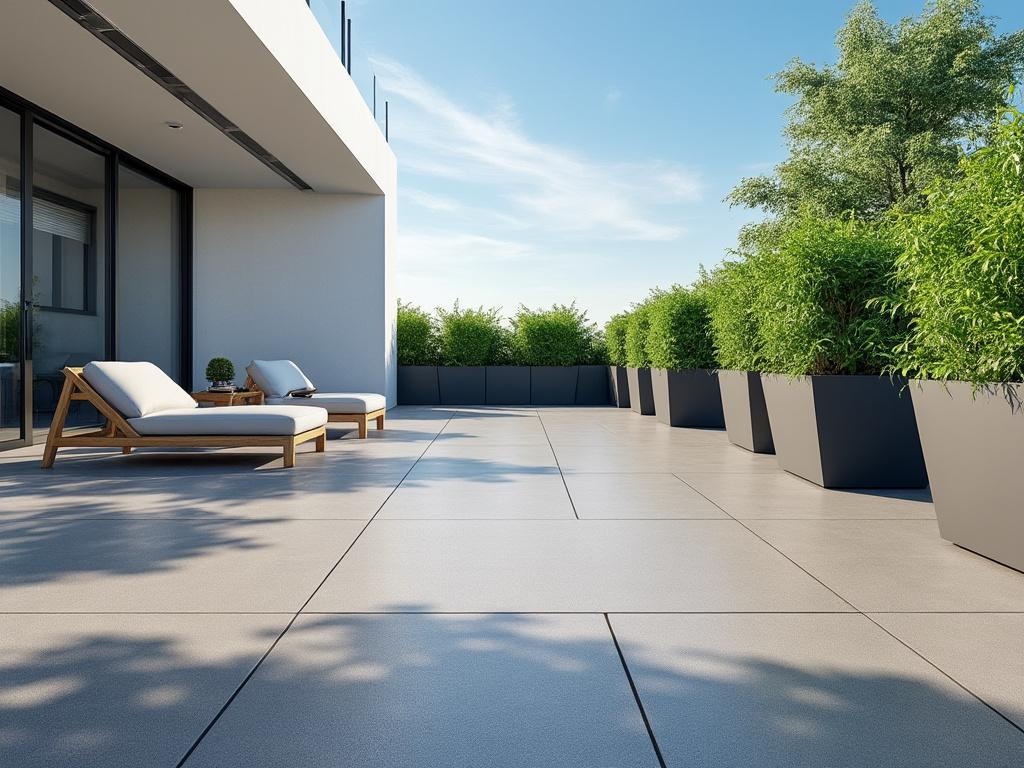 Terrasse moderne avec chaises longues et plantes vertes.